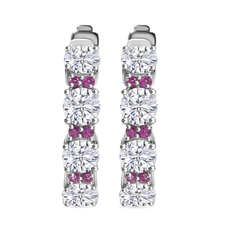 D'Joy Moissanite and Madagascar Pink Sapphire 6.00 ctw Dream Weaver Hoop Earrings in Rhodium Over Sterling Silver