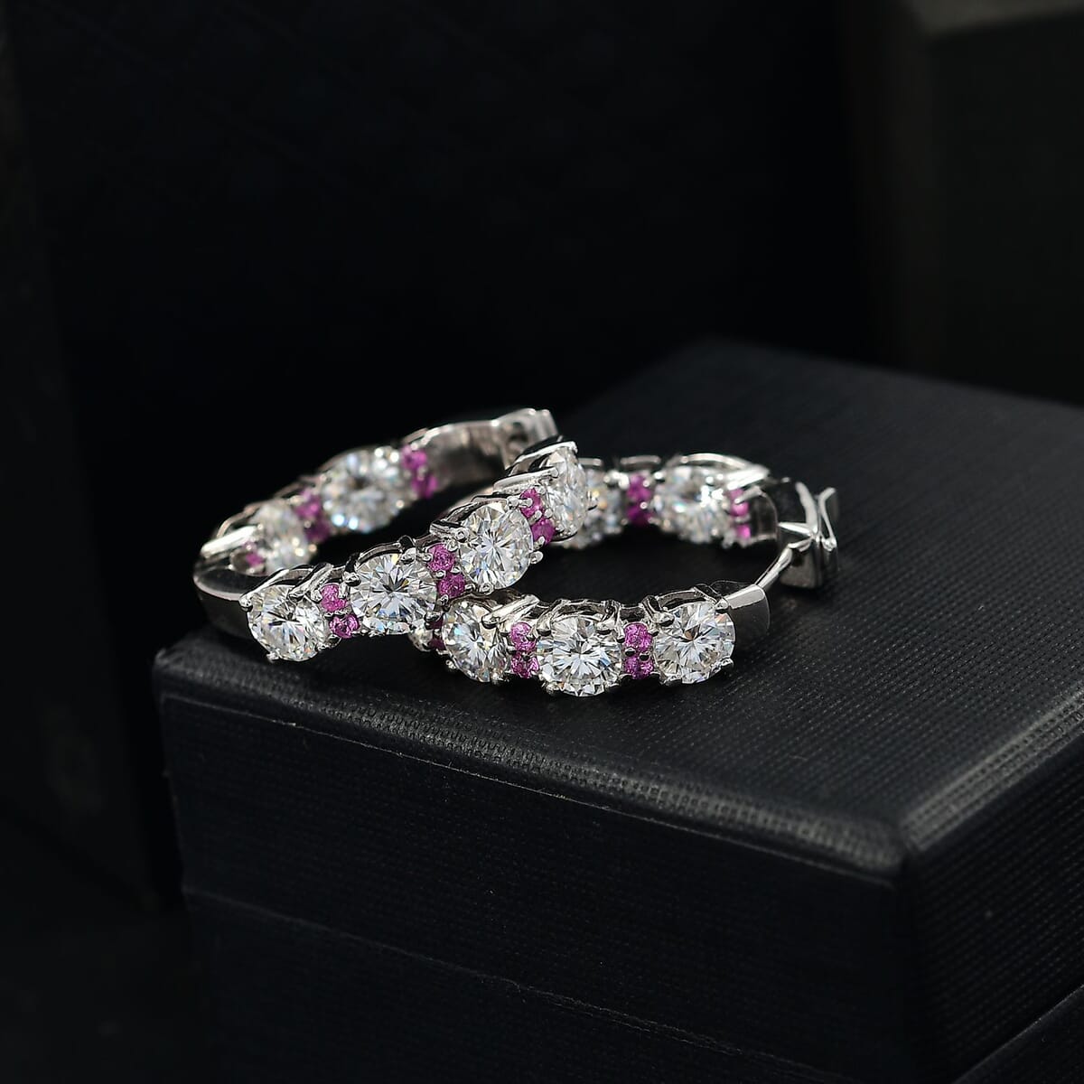 D'Joy Moissanite and Madagascar Pink Sapphire 6.00 ctw Dream Weaver Hoop Earrings in Rhodium Over Sterling Silver image number 1