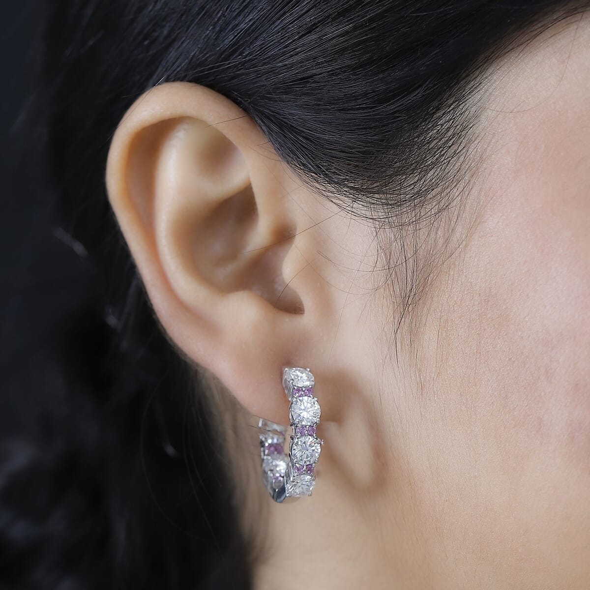 D'Joy Moissanite and Madagascar Pink Sapphire 6.00 ctw Dream Weaver Hoop Earrings in Rhodium Over Sterling Silver image number 2