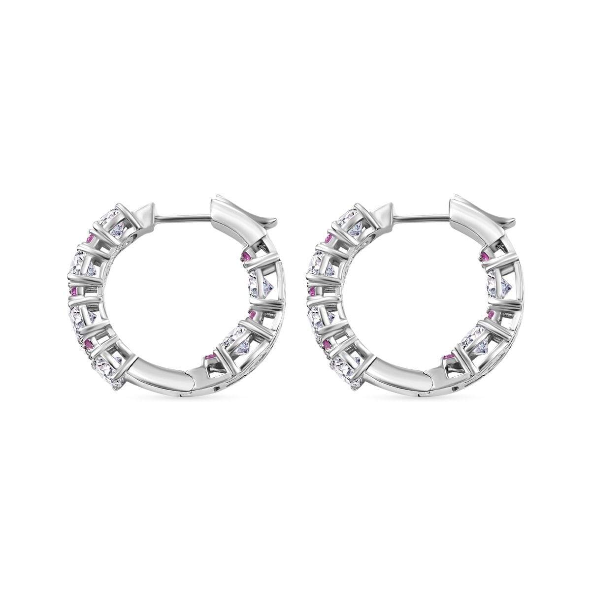 D'Joy Moissanite and Madagascar Pink Sapphire 6.00 ctw Dream Weaver Hoop Earrings in Rhodium Over Sterling Silver image number 3