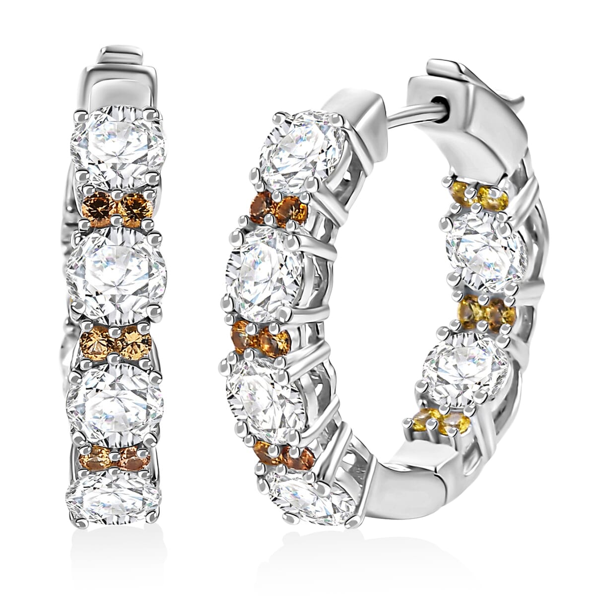 Moissanite and Madagascar Yellow Sapphire 5.60 ctw Moonlit Hoop Earrings in Rhodium Over Sterling Silver image number 0
