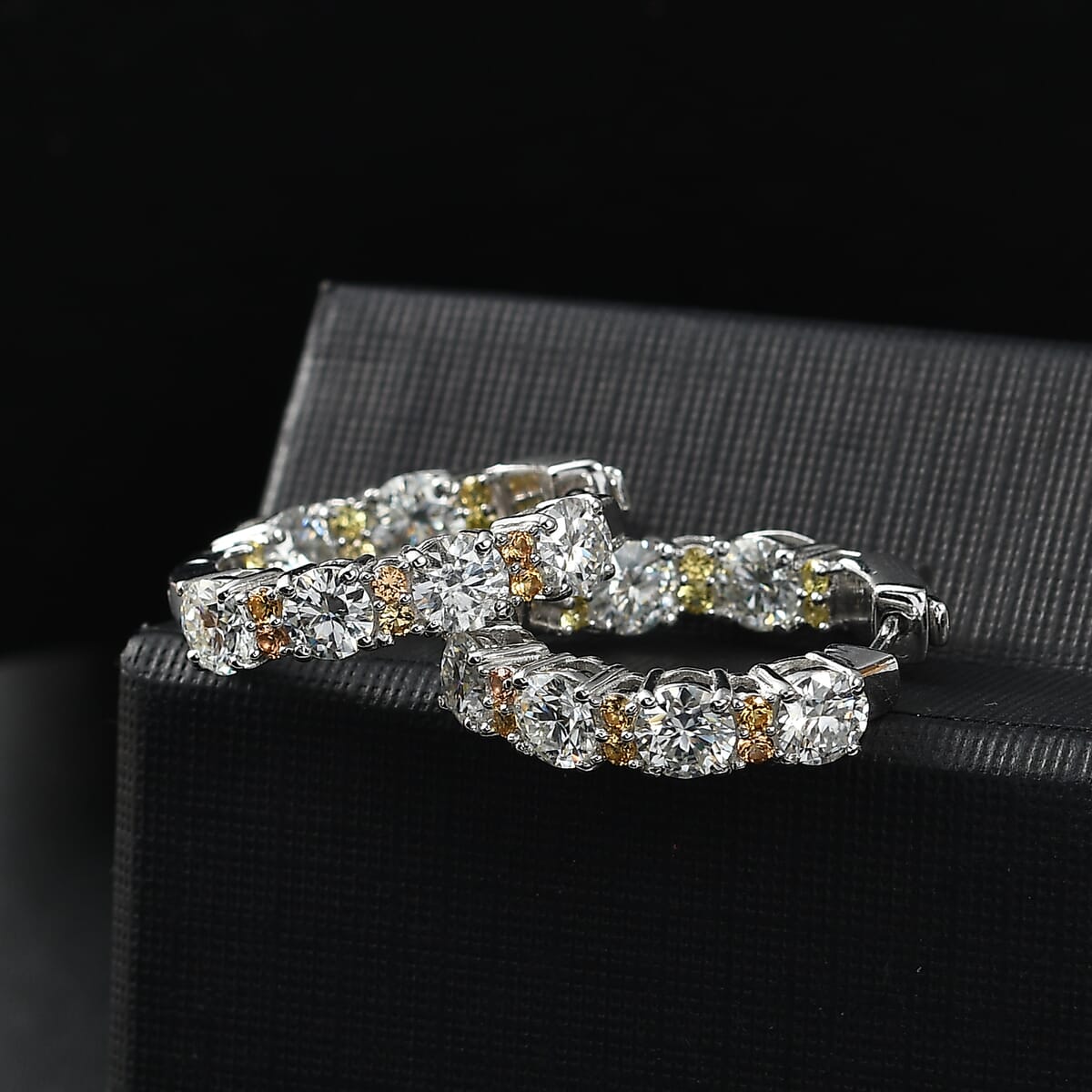 Moissanite and Madagascar Yellow Sapphire 5.60 ctw Moonlit Hoop Earrings in Rhodium Over Sterling Silver image number 1
