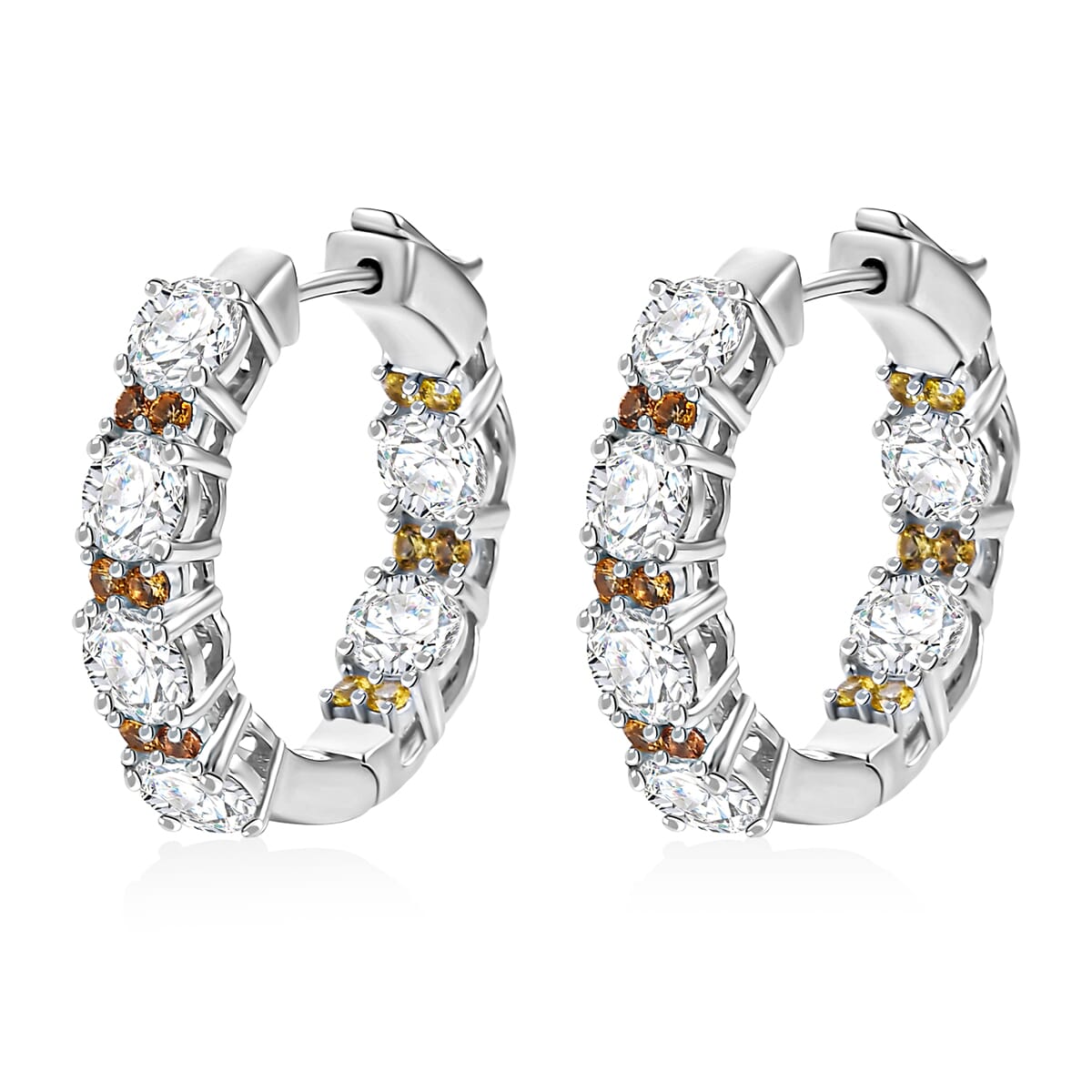 Moissanite and Madagascar Yellow Sapphire 5.60 ctw Moonlit Hoop Earrings in Rhodium Over Sterling Silver image number 3
