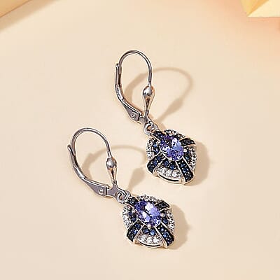 D'Joy Tanzanite and Multi Genstone 1.40 ctw Starlight Halo Earrings in Rhodium Over Sterling Silver
