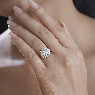 Moissanite 1.20 ctw Flower Ring in Rhodium Over Sterling Silver (Size 10.0)