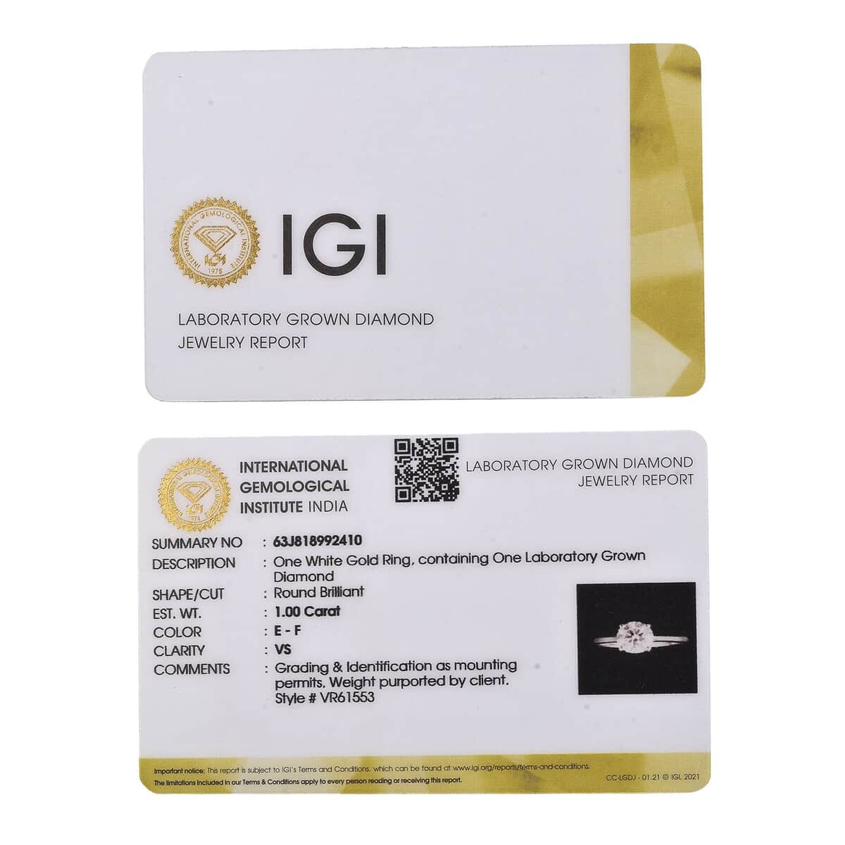 IGI Certified Luxuriant Lab Grown Diamond E-F VS 1.00 ctw Solitaire Ring in 10K White Gold (Size 10.0) (Del. in 10-15 Days) image number 6