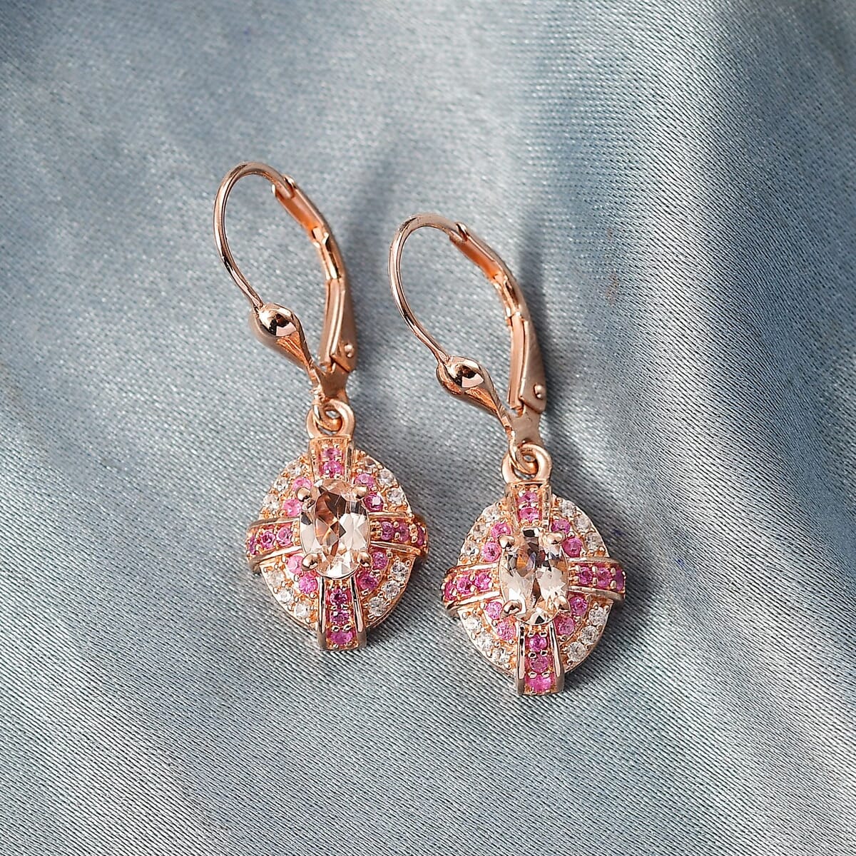 Premium Marropino Morganite and Multi Gemstone 1.50 ctw Starlight Halo Earrings in 18K Vermeil Rose Gold Over Sterling Silver image number 1