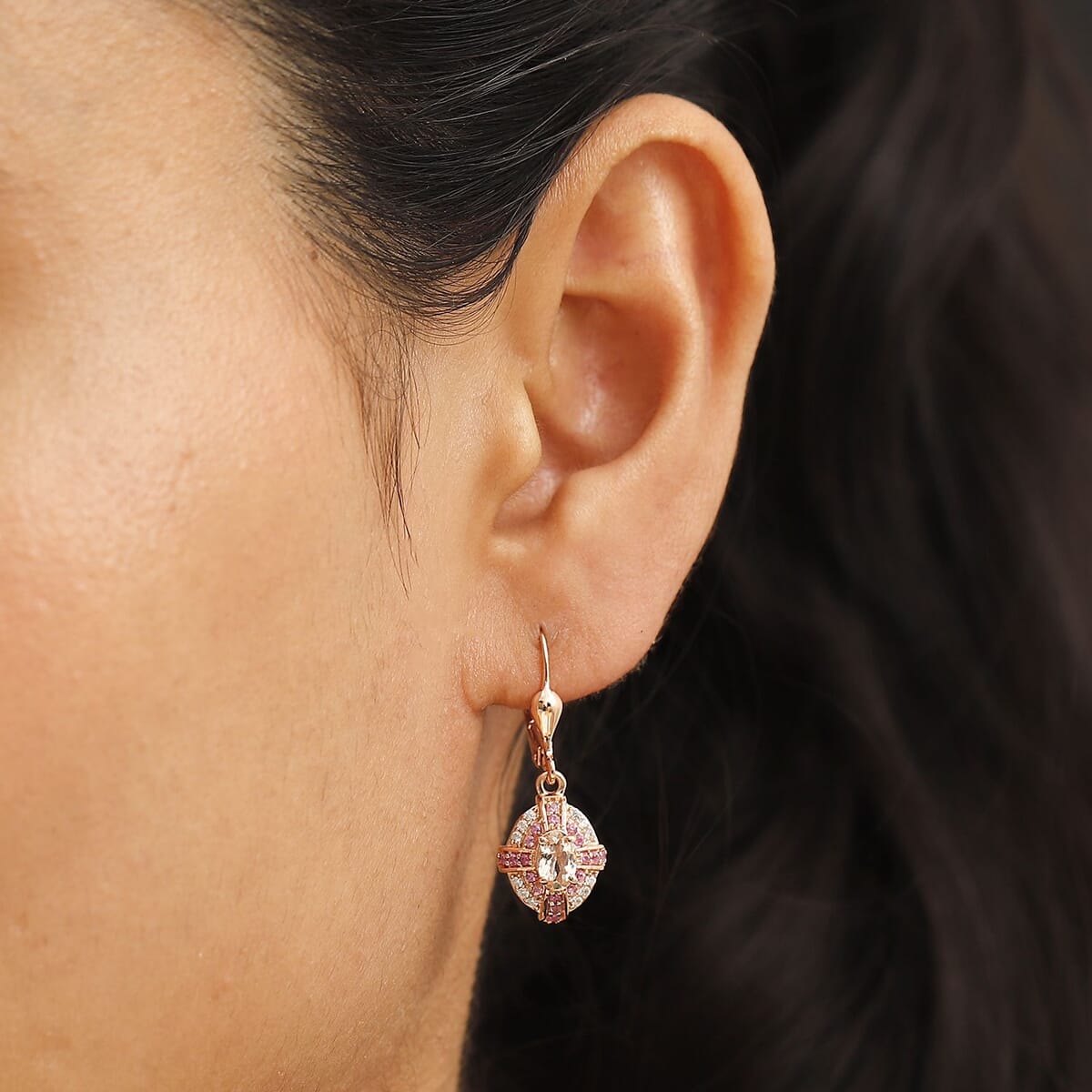 Premium Marropino Morganite and Multi Gemstone 1.50 ctw Starlight Halo Earrings in 18K Vermeil Rose Gold Over Sterling Silver image number 2