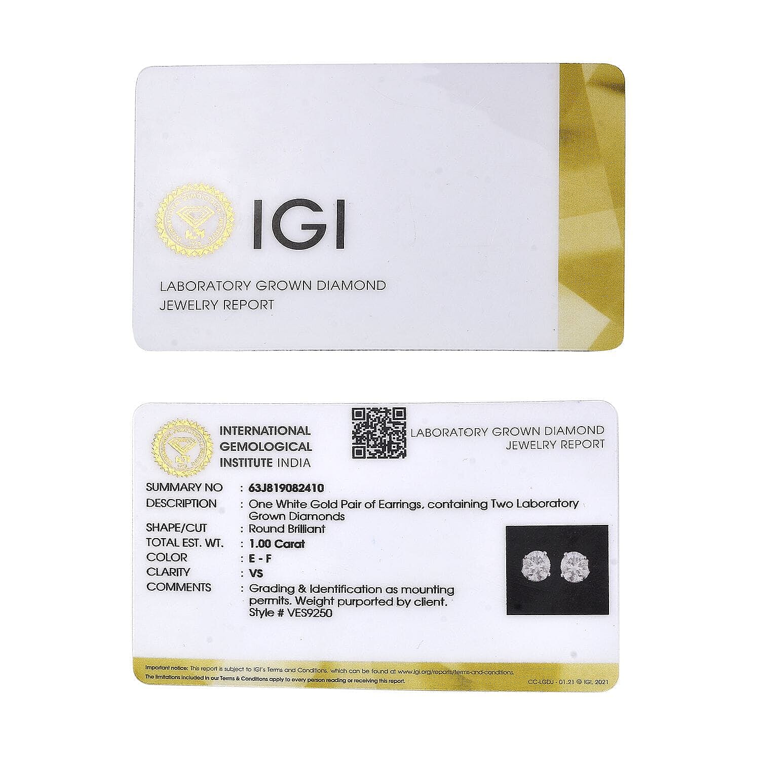 (Do Not Schedule For LS) IGI Certified Luxuriant Lab Grown Diamond E-F VS 1.00 ctw Solitaire Stud Earrings in 10K White Gold