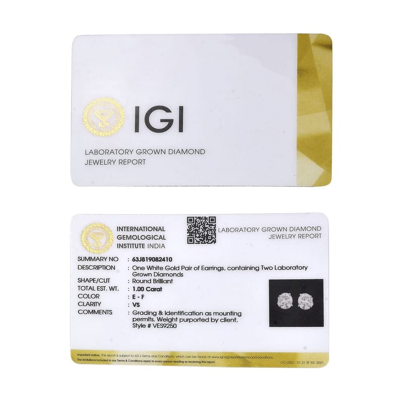 IGI Certified Luxuriant Lab Grown Diamond E-F VS 1.00 ctw Solitaire Stud Earrings in 10K White Gold