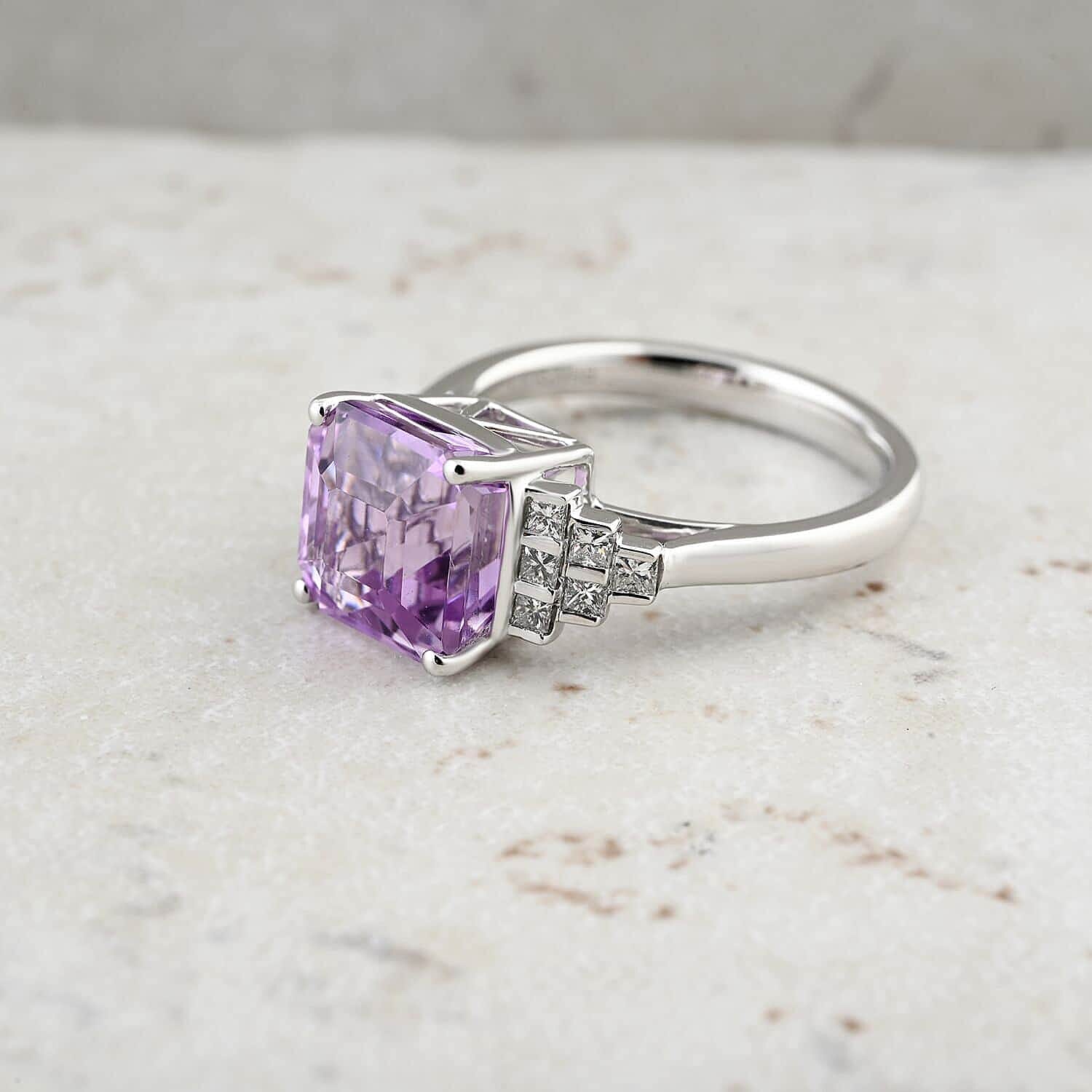 Certified & Appraised Rhapsody AAAA Asscher Cut Patroke Kunzite and E-F VS Diamond 5.00 ctw Ring in 950 Platinum (Size 10.0) 6.30 Grams
