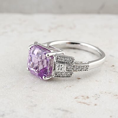 Certified & Appraised Rhapsody AAAA Asscher Cut Patroke Kunzite and E-F VS Diamond 6.15 ctw Ring in 950 Platinum (Size 8.0) 8.16 Grams
