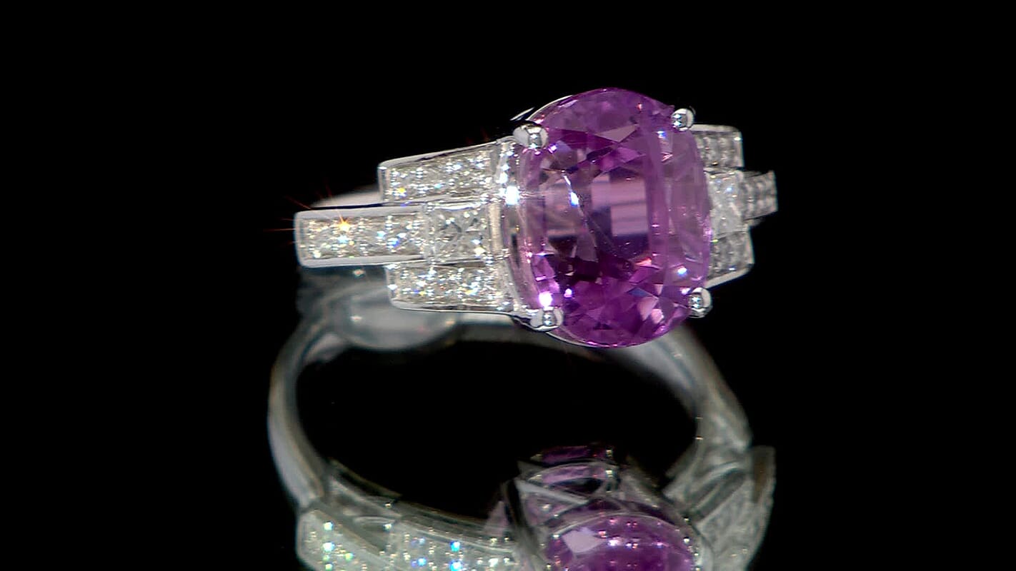 Certified & Appraised Rhapsody AAAA Patroke Kunzite and E-F VS Diamond 6.15 ctw Ring in 950 Platinum (Size 7.0) 8.25 Grams