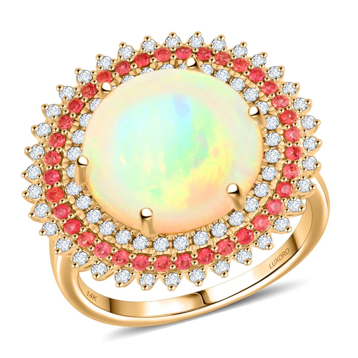 Certified & Appraised Luxoro AAA Ethiopian Welo Opal, Padparadscha Sapphire and G-H I2 Diamond 6.25 ctw Ring in 14K Yellow Gold (Size 10.0) 6.54 Grams image number 0