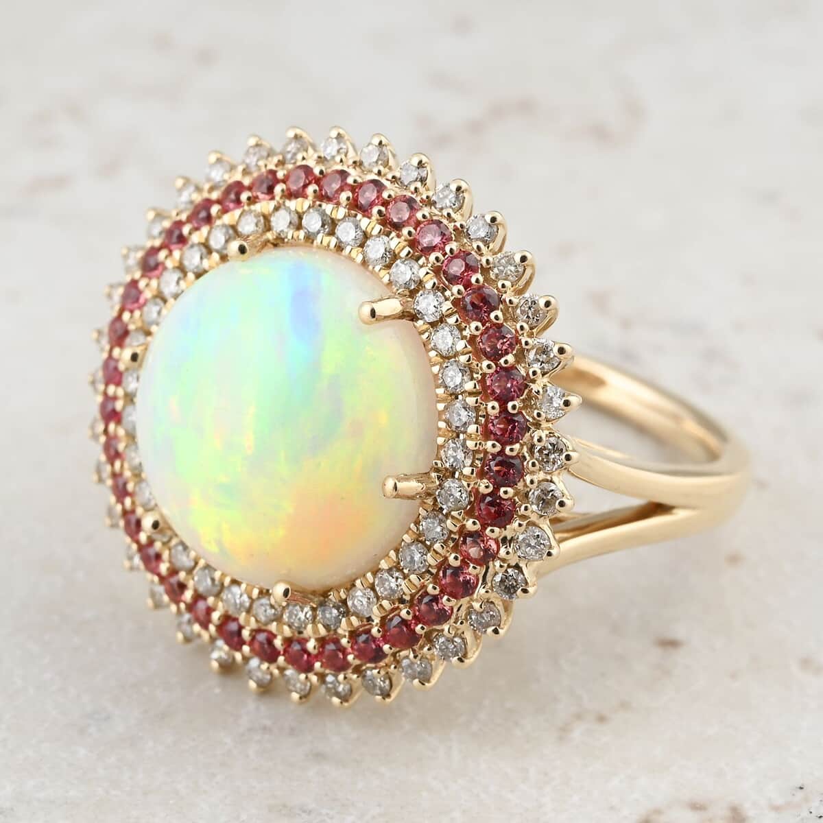 Certified & Appraised Luxoro AAA Ethiopian Welo Opal, Padparadscha Sapphire and G-H I2 Diamond 6.25 ctw Ring in 14K Yellow Gold (Size 10.0) 6.54 Grams image number 1