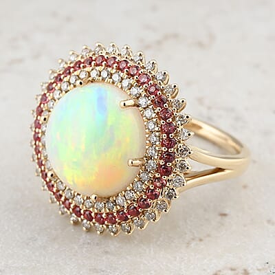Certified & Appraised Luxoro AAA Ethiopian Welo Opal, Padparadscha Sapphire and G-H I2 Diamond 6.25 ctw Ring in 14K Yellow Gold (Size 10.0) 6.54 Grams
