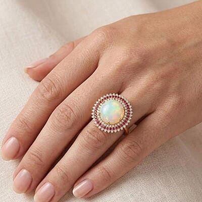 Certified & Appraised Luxoro 14K Yellow Gold AAA Ethiopian Welo Opal, Padparadscha Sapphire and Diamond (G-H, I2) (0.56 cts) Ring (Size 12.0) (6.54 g) 6.25 ctw