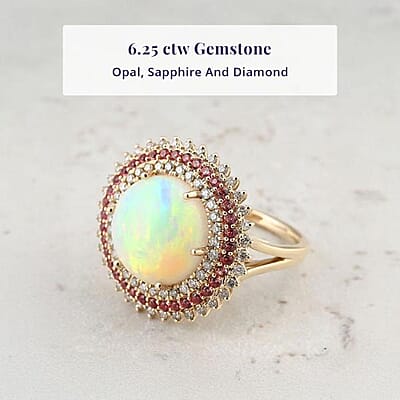 Certified & Appraised Luxoro 14K Yellow Gold AAA Ethiopian Welo Opal, Padparadscha Sapphire and Diamond (G-H, I2) (0.56 cts) Ring (Size 12.0) (6.54 g) 6.25 ctw