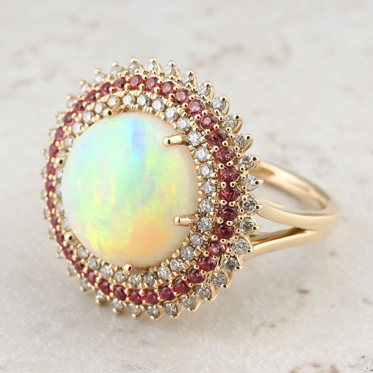 Certified & Appraised Luxoro 14K Yellow Gold AAA Ethiopian Welo Opal, Padparadscha Sapphire and Diamond (G-H, I2) (0.56 cts) Ring (Size 6.5) (6.54 g) 6.25 ctw image number 1