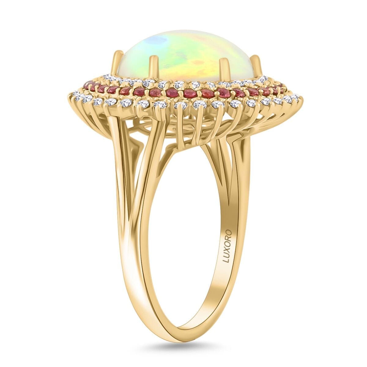 Certified & Appraised Luxoro 14K Yellow Gold AAA Ethiopian Welo Opal, Padparadscha Sapphire and Diamond (G-H, I2) (0.56 cts) Ring (Size 6.5) (6.54 g) 6.25 ctw image number 3