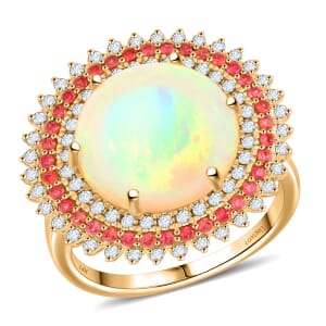 Certified & Appraised Luxoro AAA Ethiopian Welo Opal, Padparadscha Sapphire and G-H I2 Diamond 6.25 ctw Ring in 14K Yellow Gold (Size 7.0) 6.54 Grams