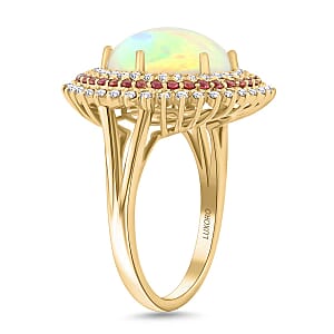 Certified & Appraised Luxoro AAA Ethiopian Welo Opal, Padparadscha Sapphire and G-H I2 Diamond 6.25 ctw Ring in 14K Yellow Gold (Size 8.0) 6.54 Grams