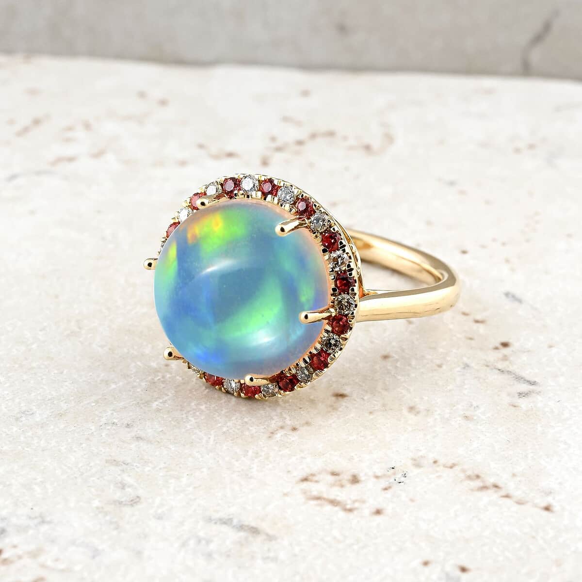 Certified & Appraised Luxoro AAA Ethiopian Welo Opal, Padparadscha Sapphire and G-H I2 Diamond 7.30 ctw Ring in 14K Yellow Gold (Size 10.0) 4.30 Grams image number 1