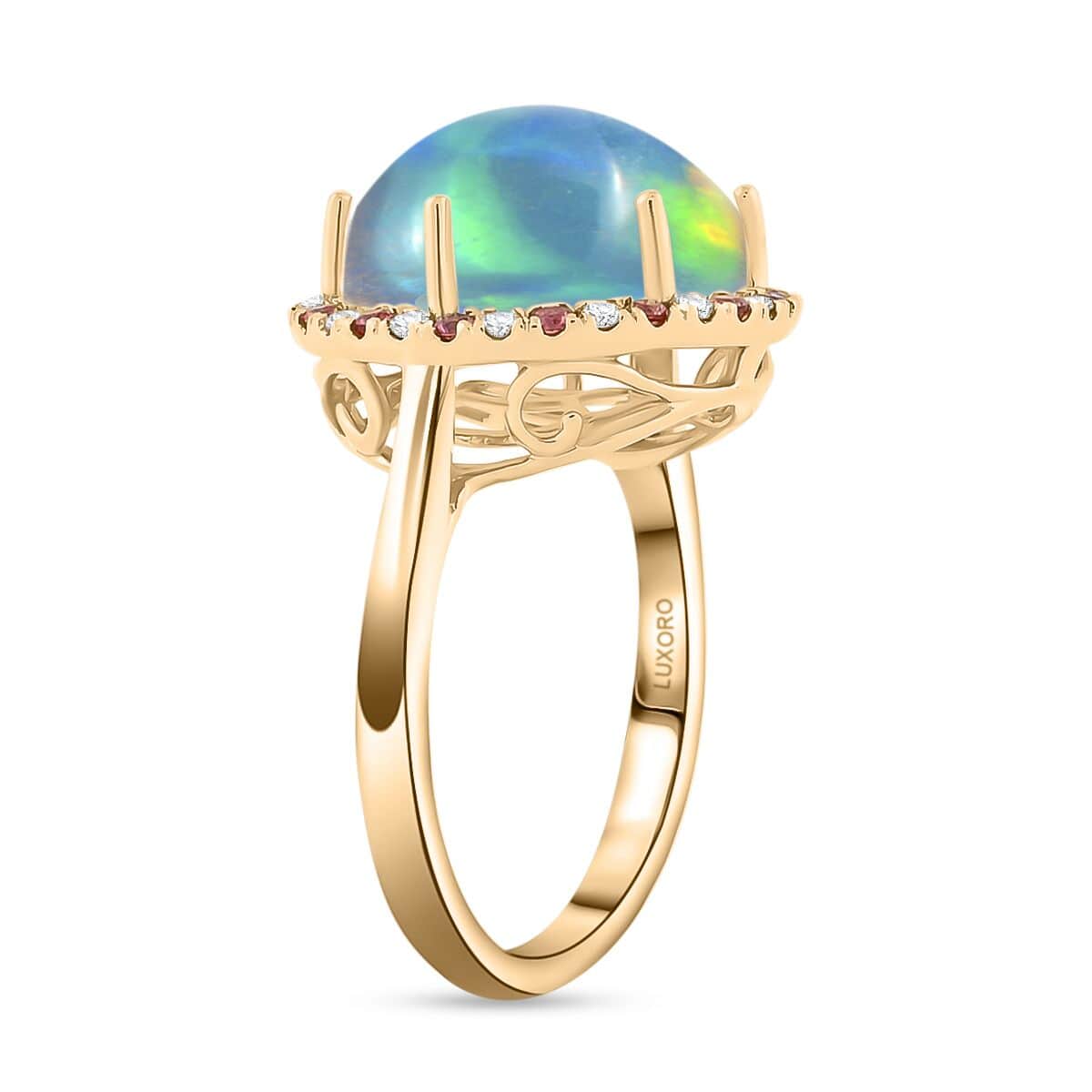 Certified & Appraised Luxoro AAA Ethiopian Welo Opal, Padparadscha Sapphire and G-H I2 Diamond 7.30 ctw Ring in 14K Yellow Gold (Size 10.0) 4.30 Grams image number 3