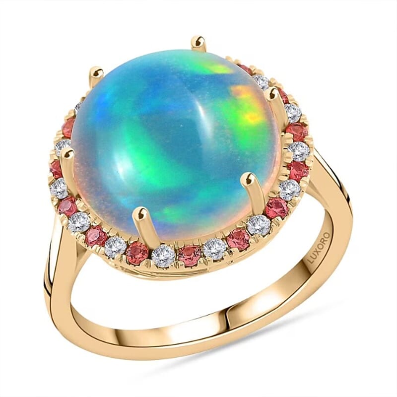 Certified & Appraised Luxoro AAA Ethiopian Welo Opal, Padparadscha Sapphire and G-H I2 Diamond 7.30 ctw Ring in 14K Yellow Gold (Size 12.0) 4.30 Grams