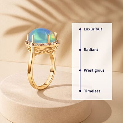 Certified & Appraised Luxoro AAA Ethiopian Welo Opal, Padparadscha Sapphire and G-H I2 Diamond 7.30 ctw Ring in 14K Yellow Gold (Size 12.0) 4.30 Grams