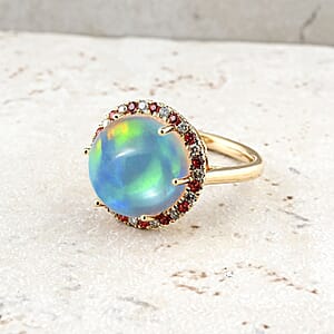 Certified & Appraised Luxoro AAA Ethiopian Welo Opal, Padparadscha Sapphire and G-H I2 Diamond 7.30 ctw Ring in 14K Yellow Gold (Size 5.0) 4.30 Grams