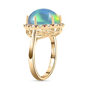 Certified & Appraised Luxoro AAA Ethiopian Welo Opal, Padparadscha Sapphire and G-H I2 Diamond 7.30 ctw Ring in 14K Yellow Gold (Size 6.0) 4.30 Grams