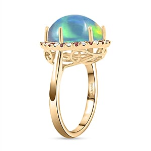 Certified & Appraised Luxoro AAA Ethiopian Welo Opal, Padparadscha Sapphire and G-H I2 Diamond 7.30 ctw Ring in 14K Yellow Gold (Size 7.5) 4.30 Grams