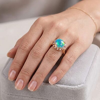 Certified & Appraised Luxoro AAA Ethiopian Welo Opal, Padparadscha Sapphire and G-H I2 Diamond 7.30 ctw Ring in 14K Yellow Gold (Size 8.0) 4.30 Grams