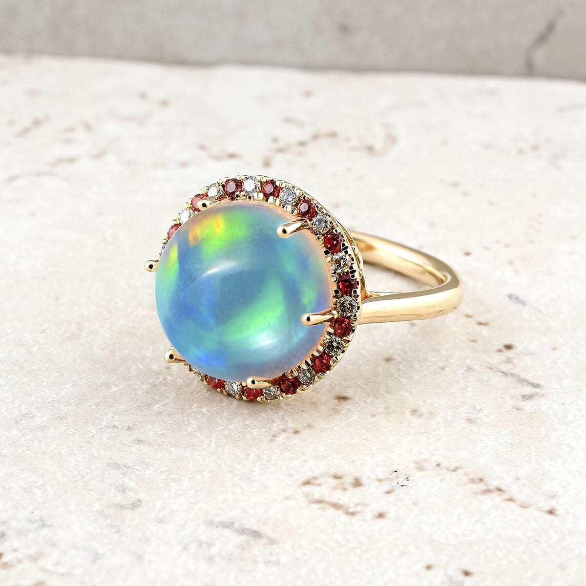 Certified & Appraised Luxoro AAA Ethiopian Welo Opal, Padparadscha Sapphire and G-H I2 Diamond 7.30 ctw Ring in 14K Yellow Gold (Size 9.5) 4.30 Grams image number 1
