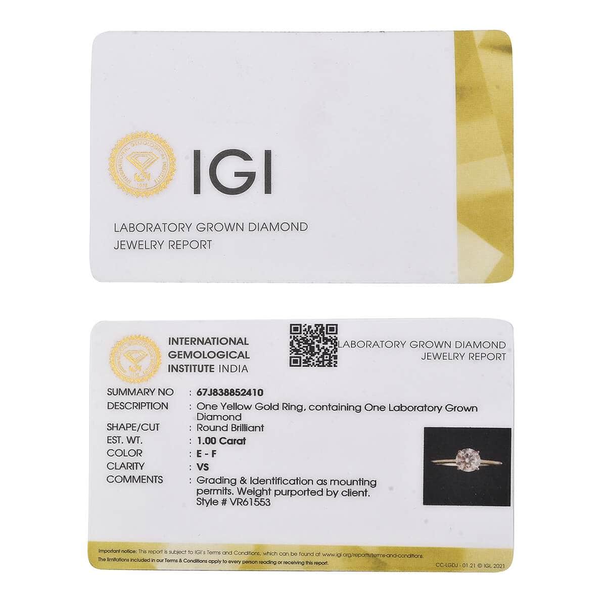 IGI Certified Luxuriant Lab Grown Diamond E-F VS 1.00 ctw Solitaire Ring in 14K Yellow Gold (Size 10.0) (Del. in 10-15 Days) image number 6