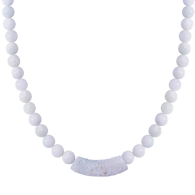 Natural Jade 400.00 ctw Beaded Necklace with Carved Bar in Rhodium Over Sterling Silver 20 Inches