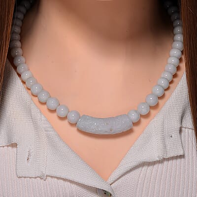 Natural Jade 400.00 ctw Beaded Necklace with Carved Bar in Rhodium Over Sterling Silver 20 Inches