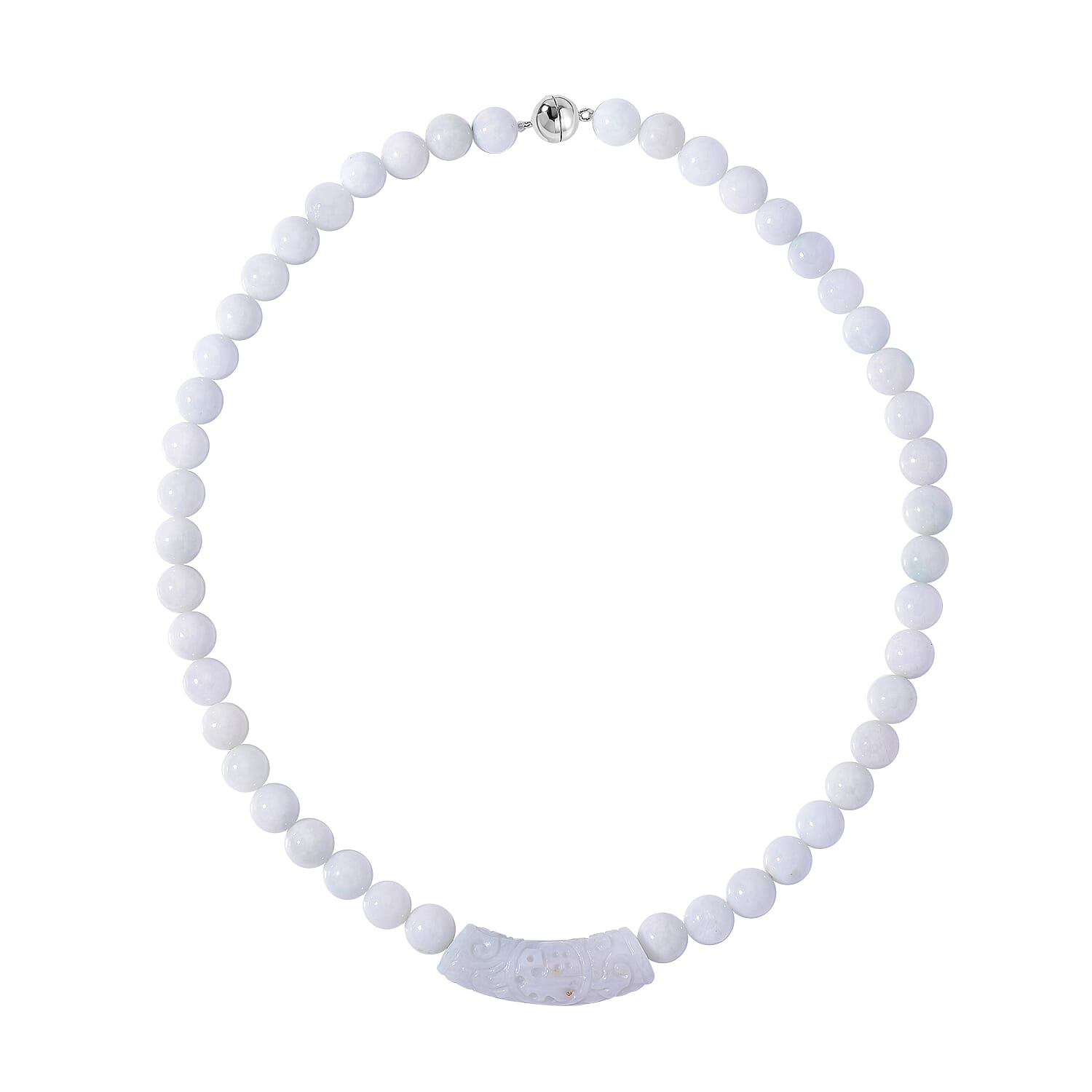 Natural Jade 400.00 ctw Beaded Necklace with Carved Bar in Rhodium Over Sterling Silver 20 Inches