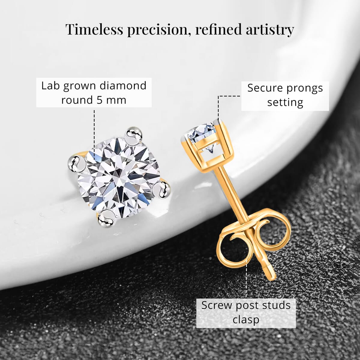 IGI Certified Luxuriant Lab Grown Diamond E-F VS 1.00 ctw Solitaire Stud Earrings in 14K Yellow Gold (Del. in 10-15 Days) image number 5