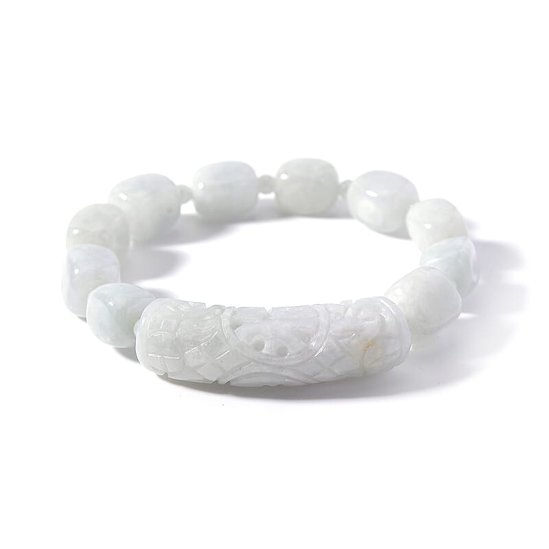 Natural Jade 200.00 ctw Beaded with Carved Bar Stretch Bracelet