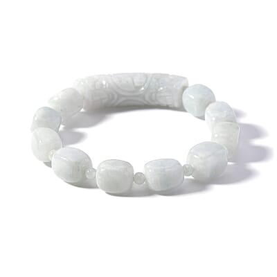 Natural Jade 200.00 ctw Beaded with Carved Bar Stretch Bracelet