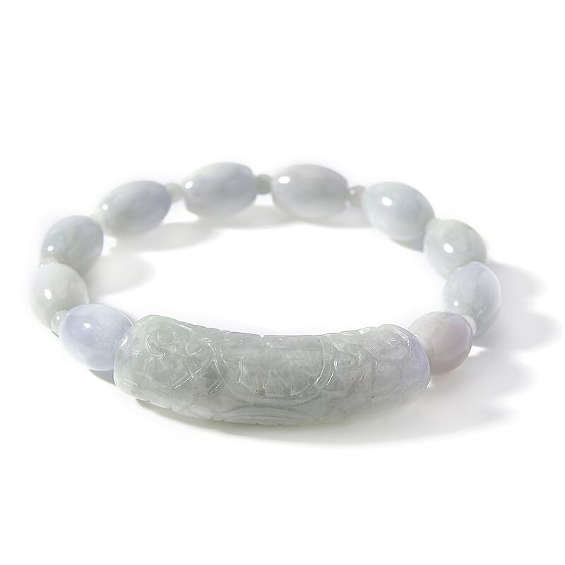 Natural Jade 300.00 ctw Beaded with Carved Bar Stretch Bracelet