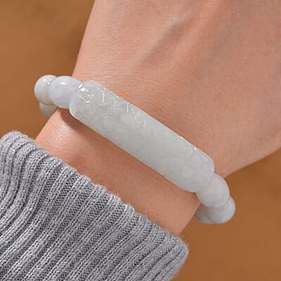 Natural Jade 300.00 ctw Beaded with Carved Bar Stretch Bracelet