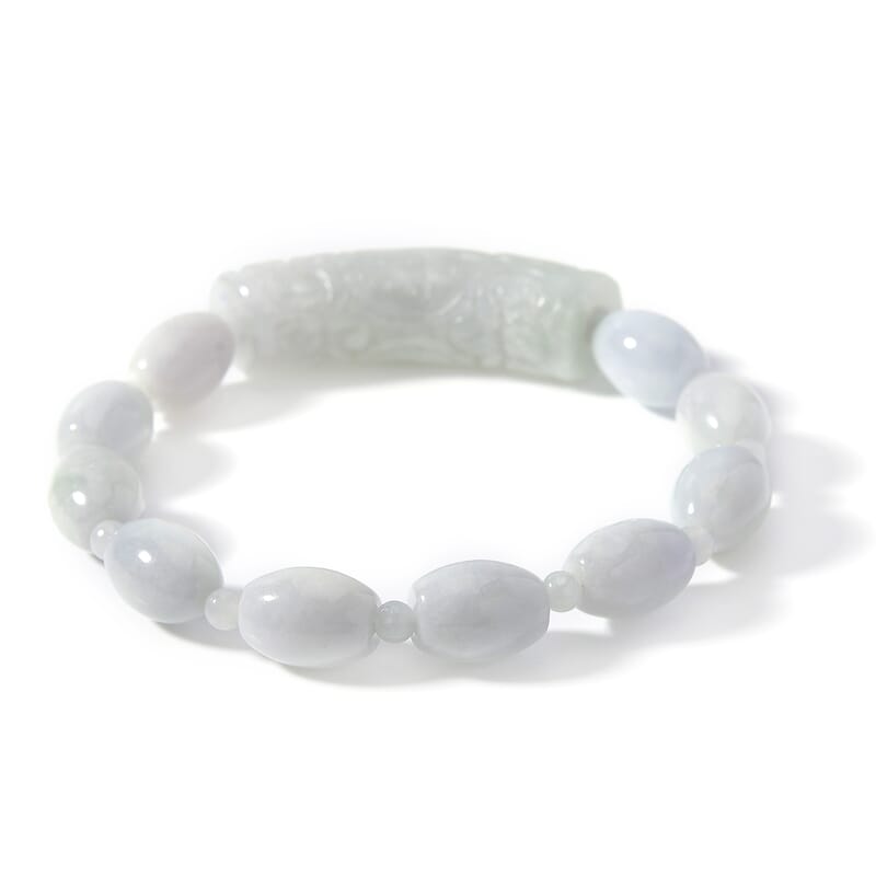 Natural Jade 300.00 ctw Beaded with Carved Bar Stretch Bracelet