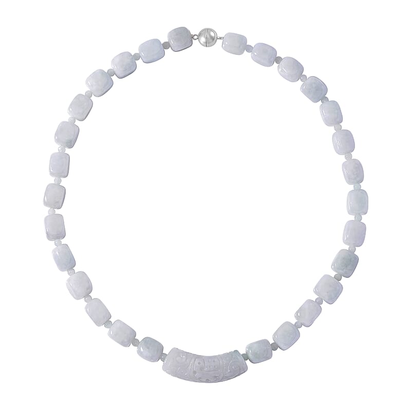 Natural Jade 410.00 ctw Beaded and Carved Bar Necklace in Rhodium Over Sterling Silver (20 Inches)