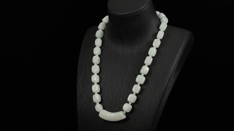 Natural Jade 410.00 ctw Beaded Necklace with Carved Bar in Rhodium Over Sterling Silver 20 Inches