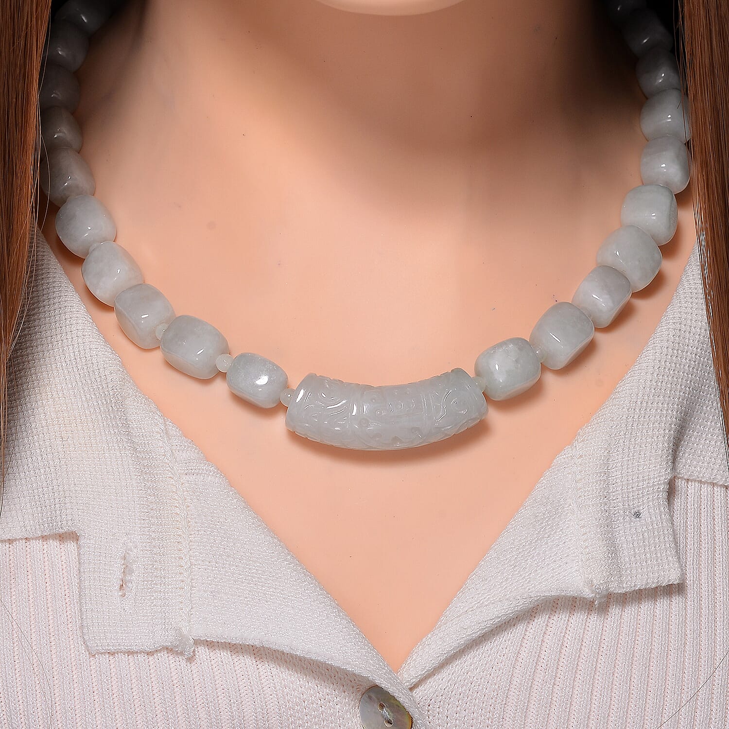 Natural Jade 410.00 ctw Beaded and Carved Bar Necklace in Rhodium Over Sterling Silver (20 Inches)