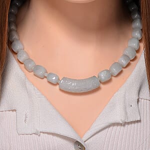 Natural Jade 410.00 ctw Beaded and Carved Bar Necklace in Rhodium Over Sterling Silver (20 Inches)