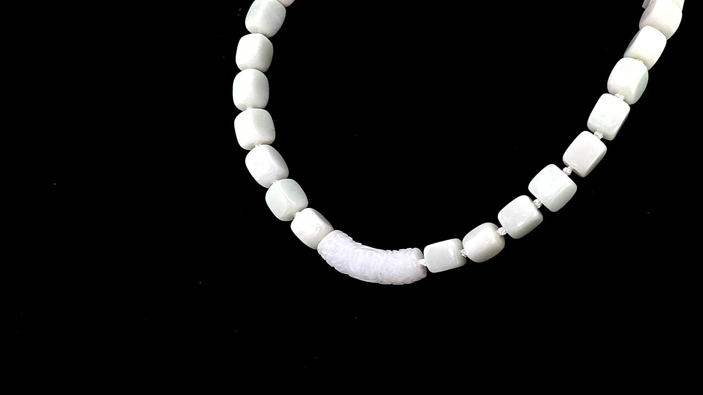 Natural Jade 410.00 ctw Beaded Necklace with Carved Bar in Rhodium Over Sterling Silver 20 Inches